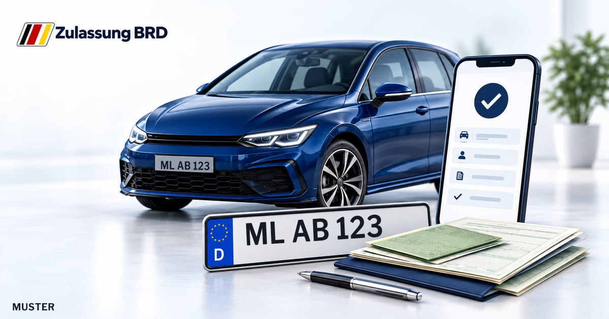Online Fahrzeugzulassung in Eisleben: Musterkennzeichen ML AB 123, Auto und Fahrzeugpapiere und Smartphone. Illustration mit Logo von Zulassung BRD.